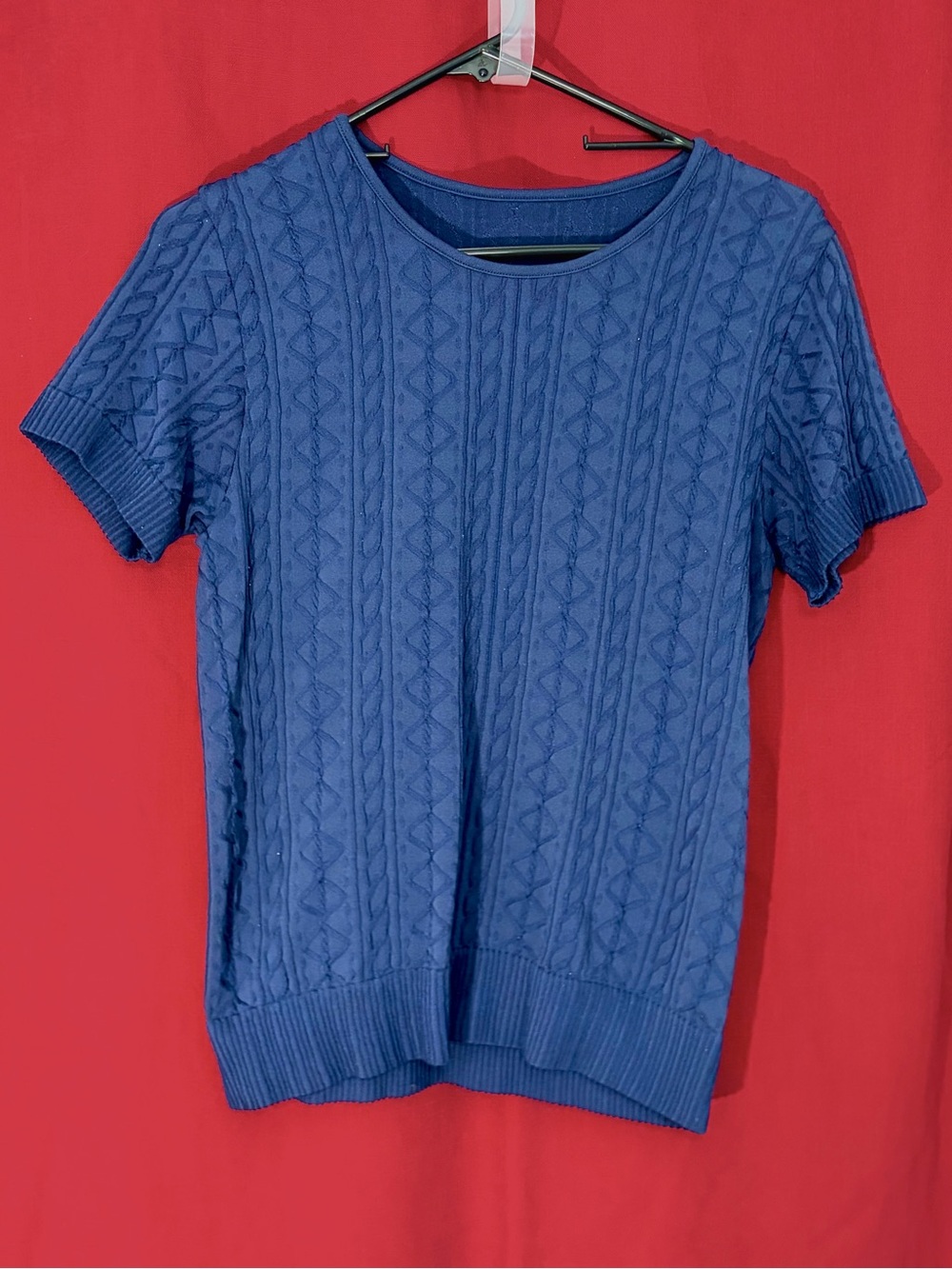 Stretchy Textured Navy Short-Sleeve Knit Top